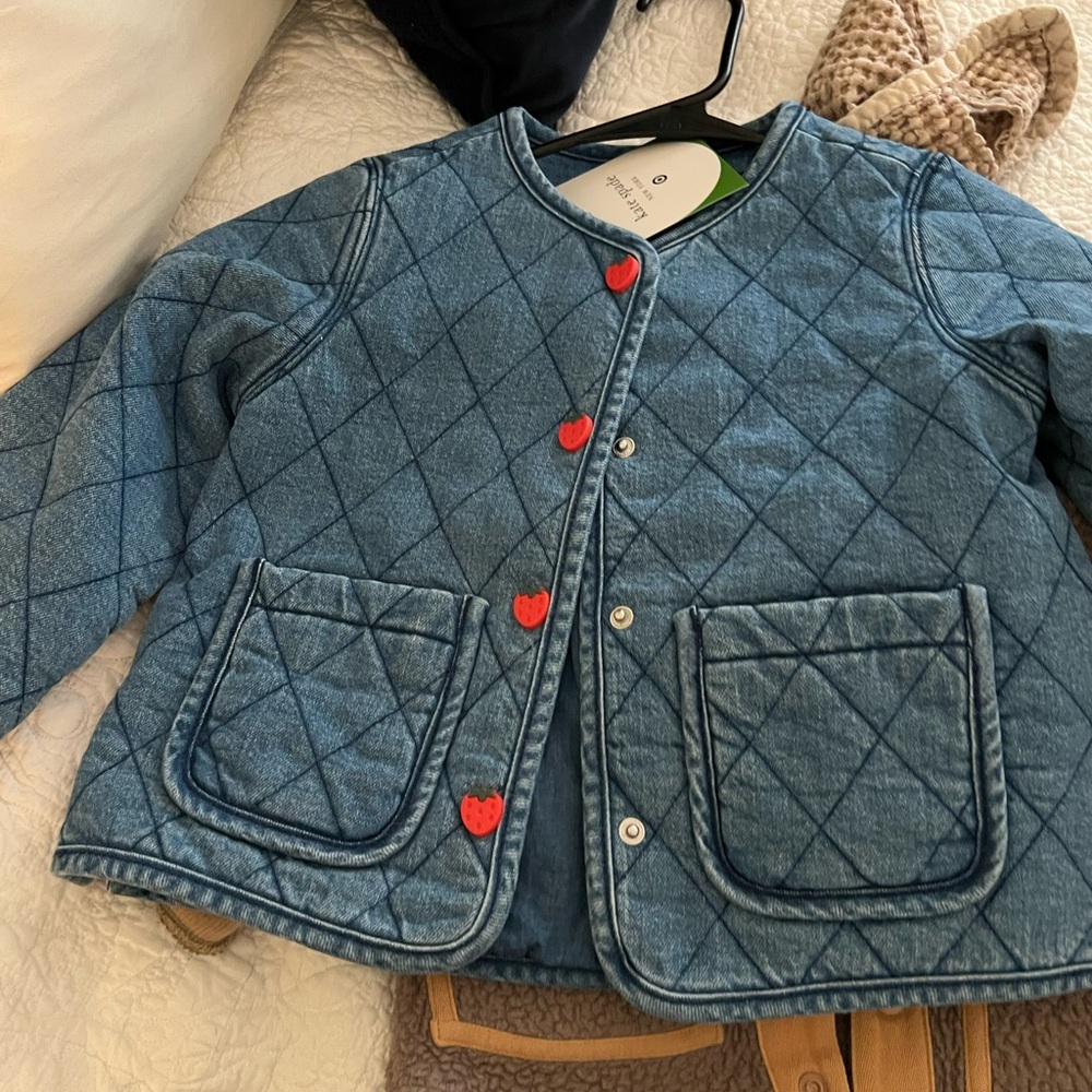 Kate Spade Blue Quilted Kids Jacket with Red Heart Buttons
